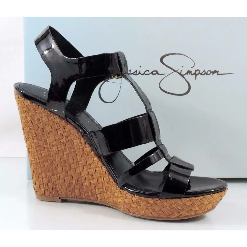 Jessica Simpson Casie 2 Platform Wedge Sandal Heels Black Patent Size 10